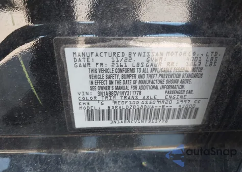 2022 Nissan Sentra Sv из США, поврежденный, VIN 3N1AB8CV1NY311778